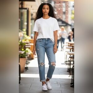 Frame Denim Boyfriend Jeans in Light Blue with Distressed Knees